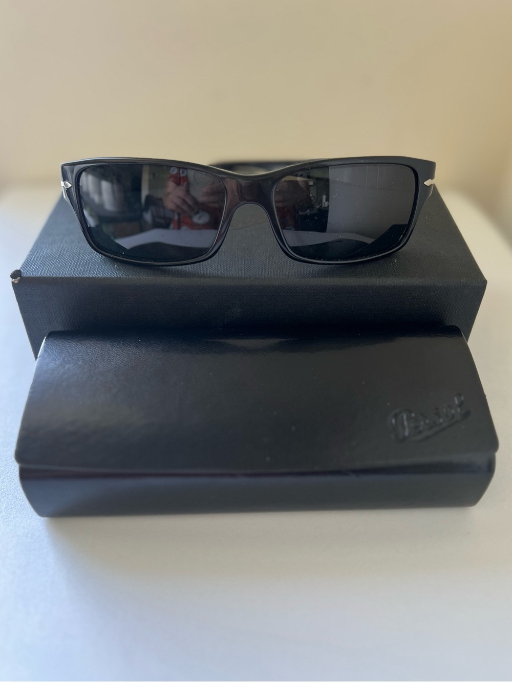 Persol Black Rectangular Sunglasses with Silver Temple Arrows